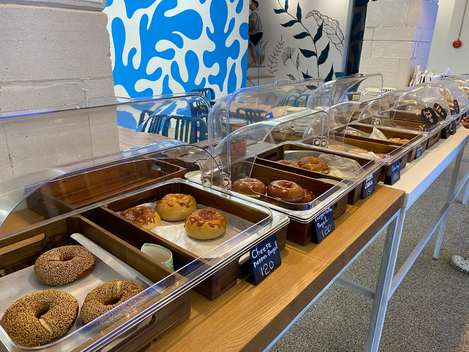 Bagels and pastries in the display counter