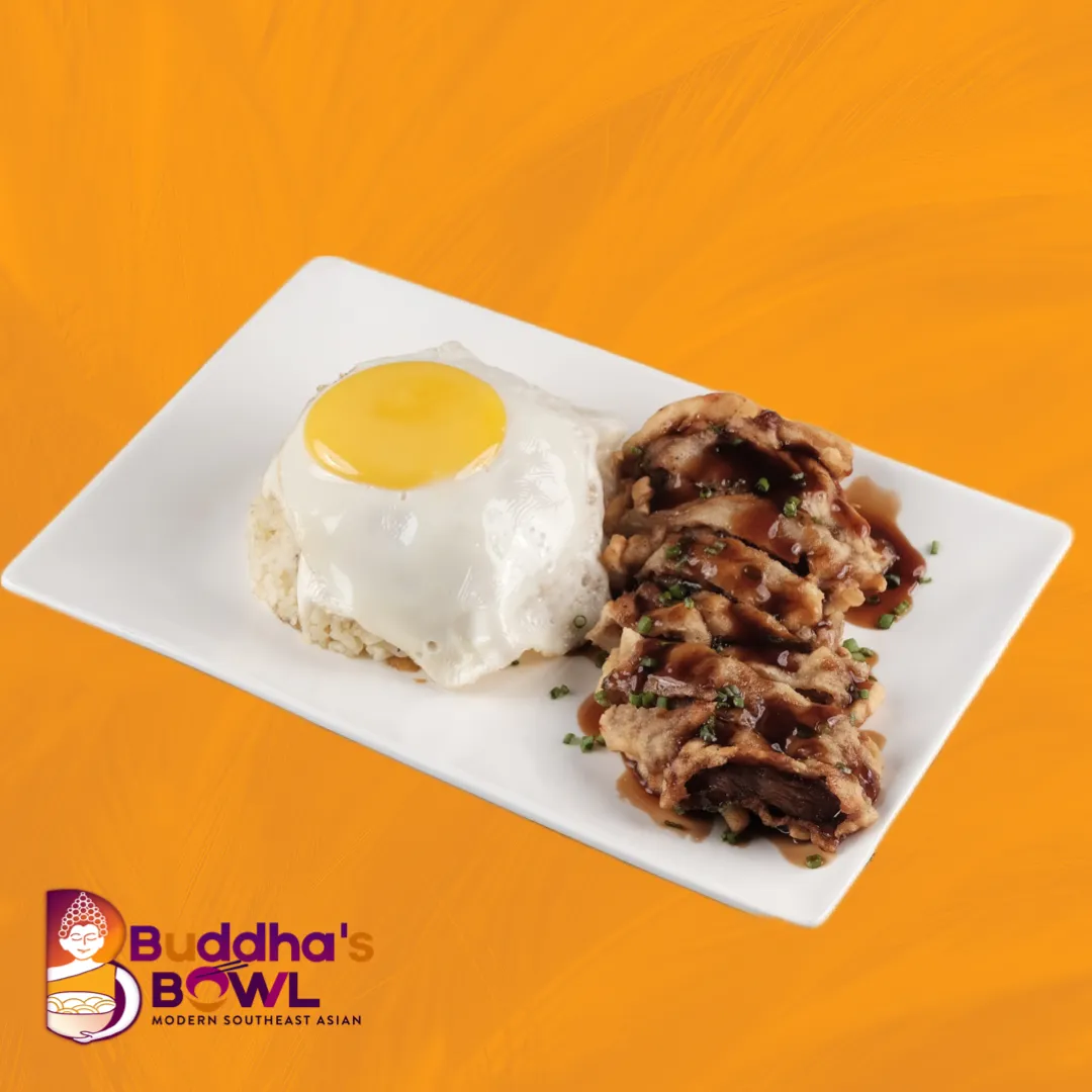 Rice bowl with fried egg and pork