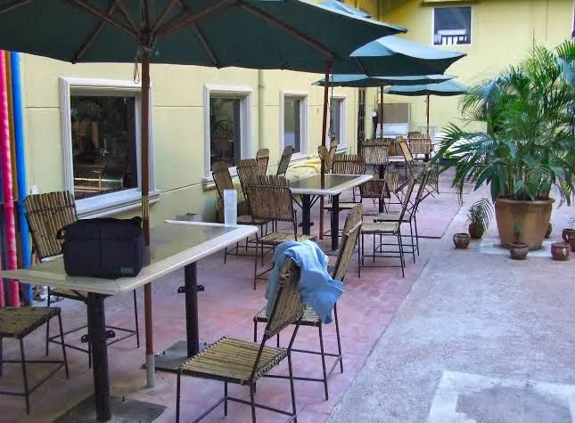 Outdoor patio seating under umbrellas