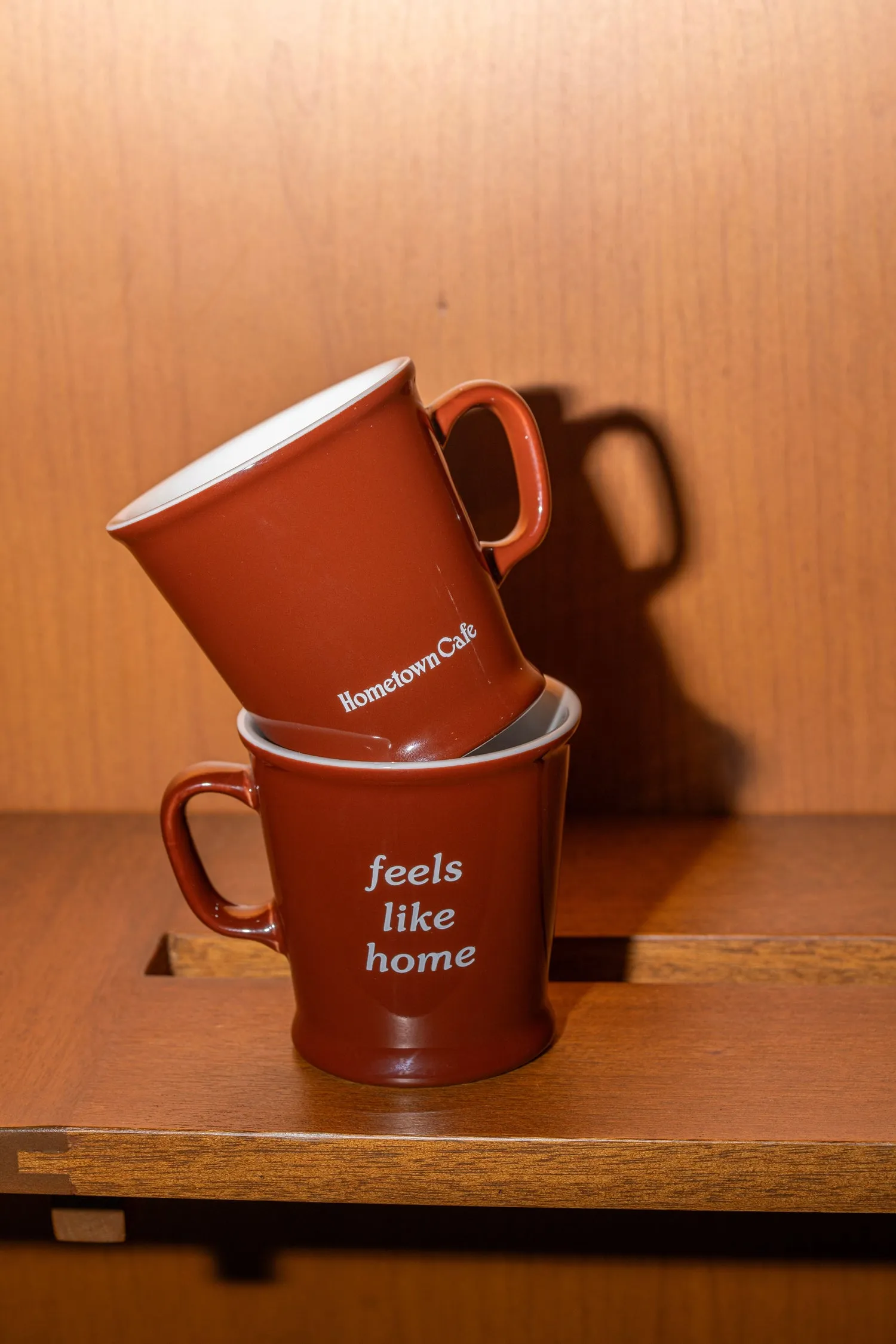 Branded mugs on the counter