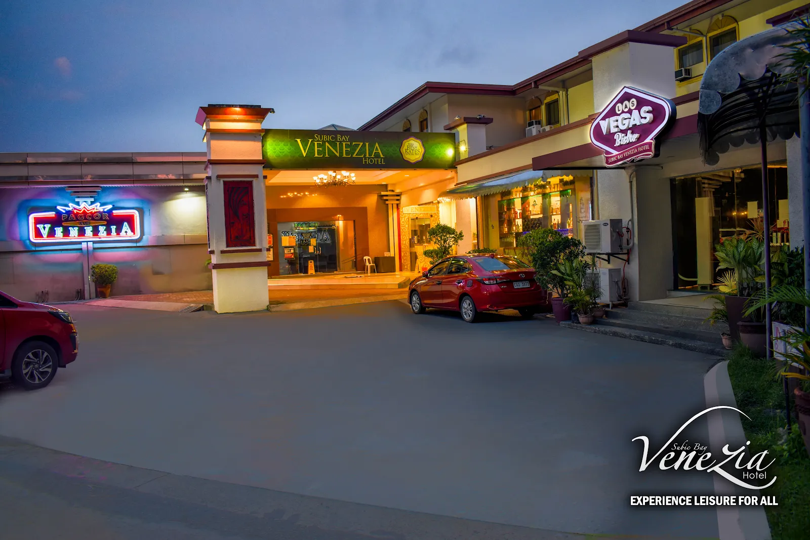 Hotel exterior at dusk