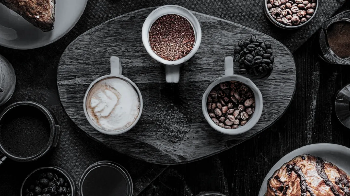 Coffee and beans arranged overhead