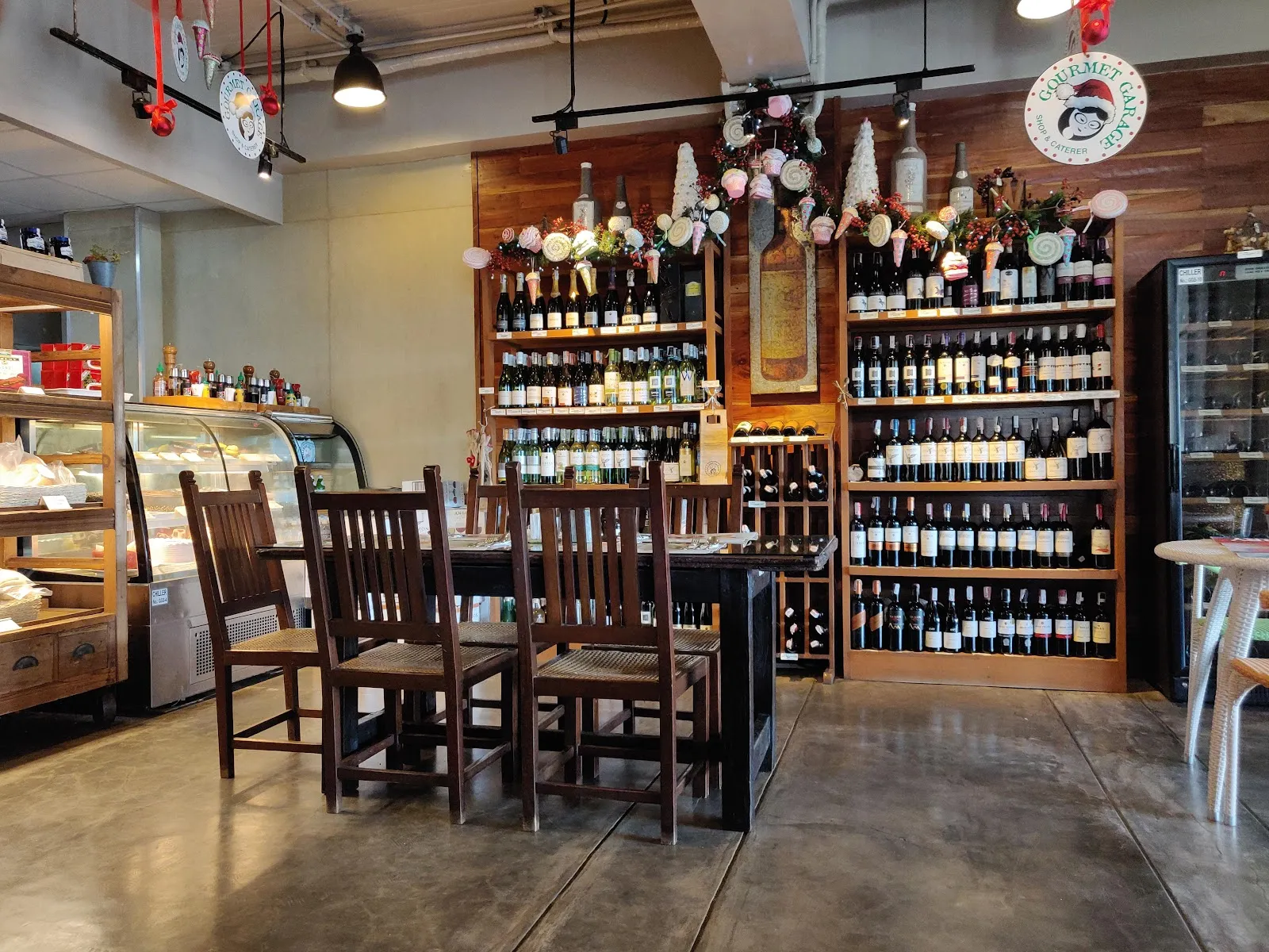 Dining tables beside the wine wall