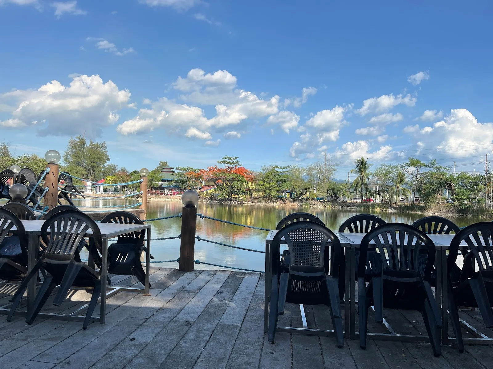 Deck seating beside the lagoon