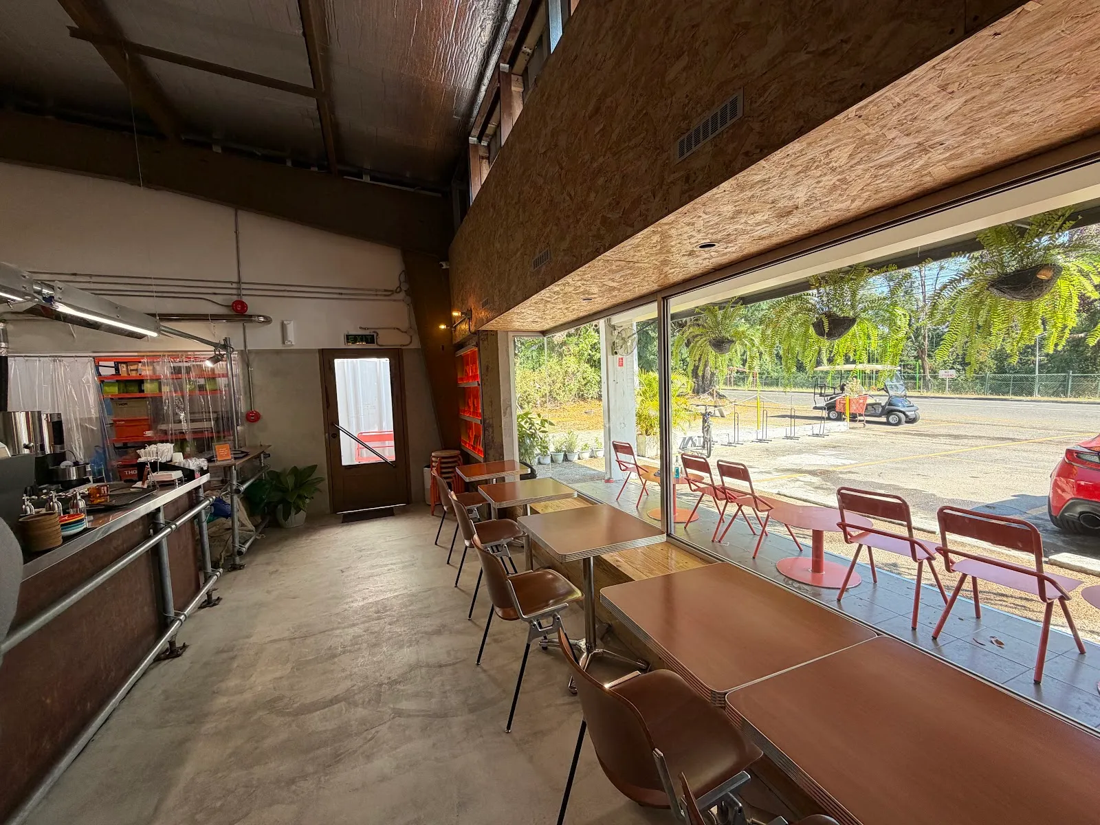 Bench seating along the open window wall