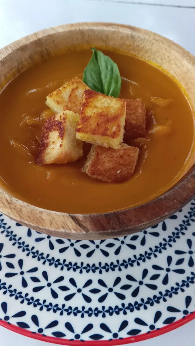 Pumpkin soup with fried tofu