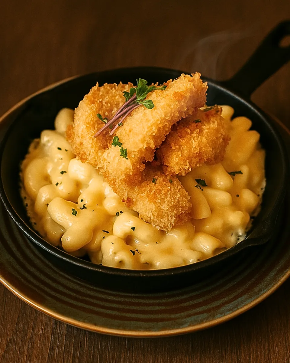 Mac and cheese with crispy fish