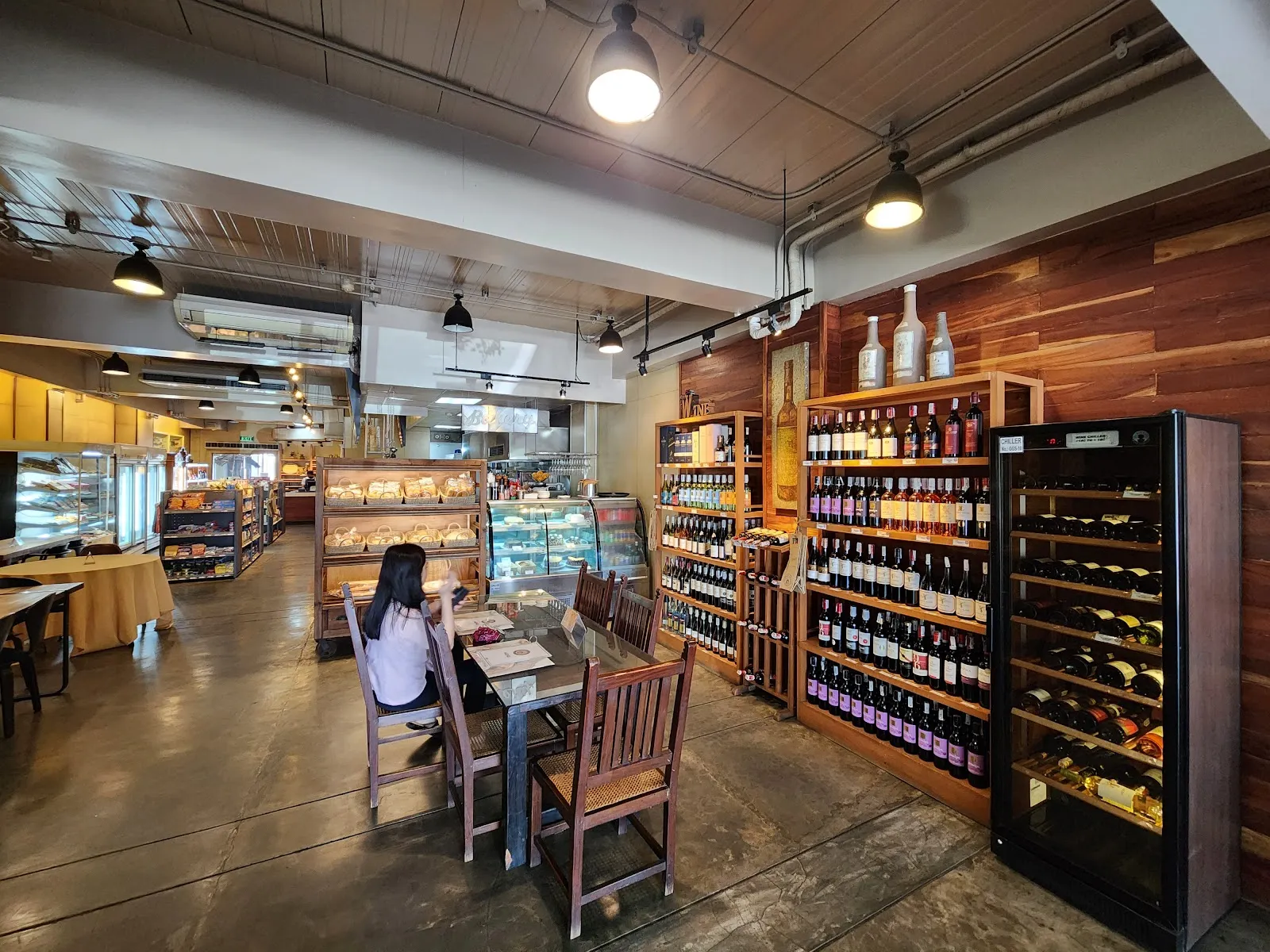 Grocery shelves and dining tables