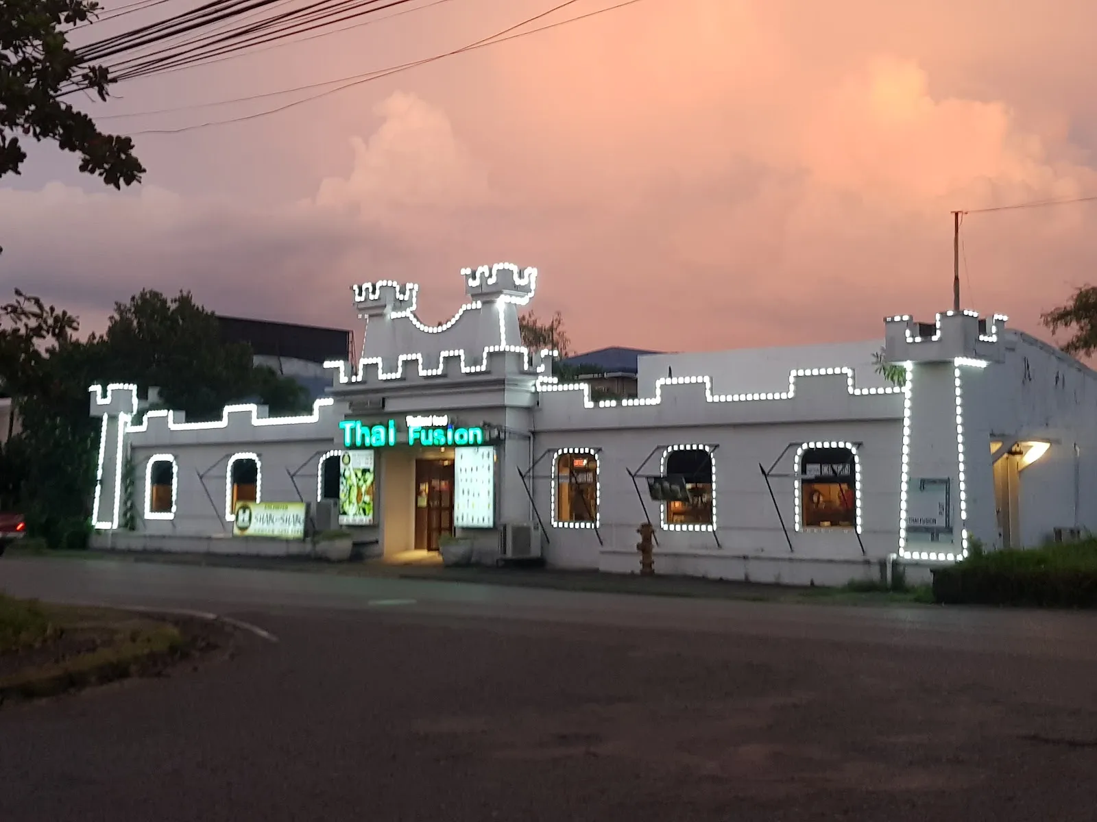 Restaurant exterior at dusk