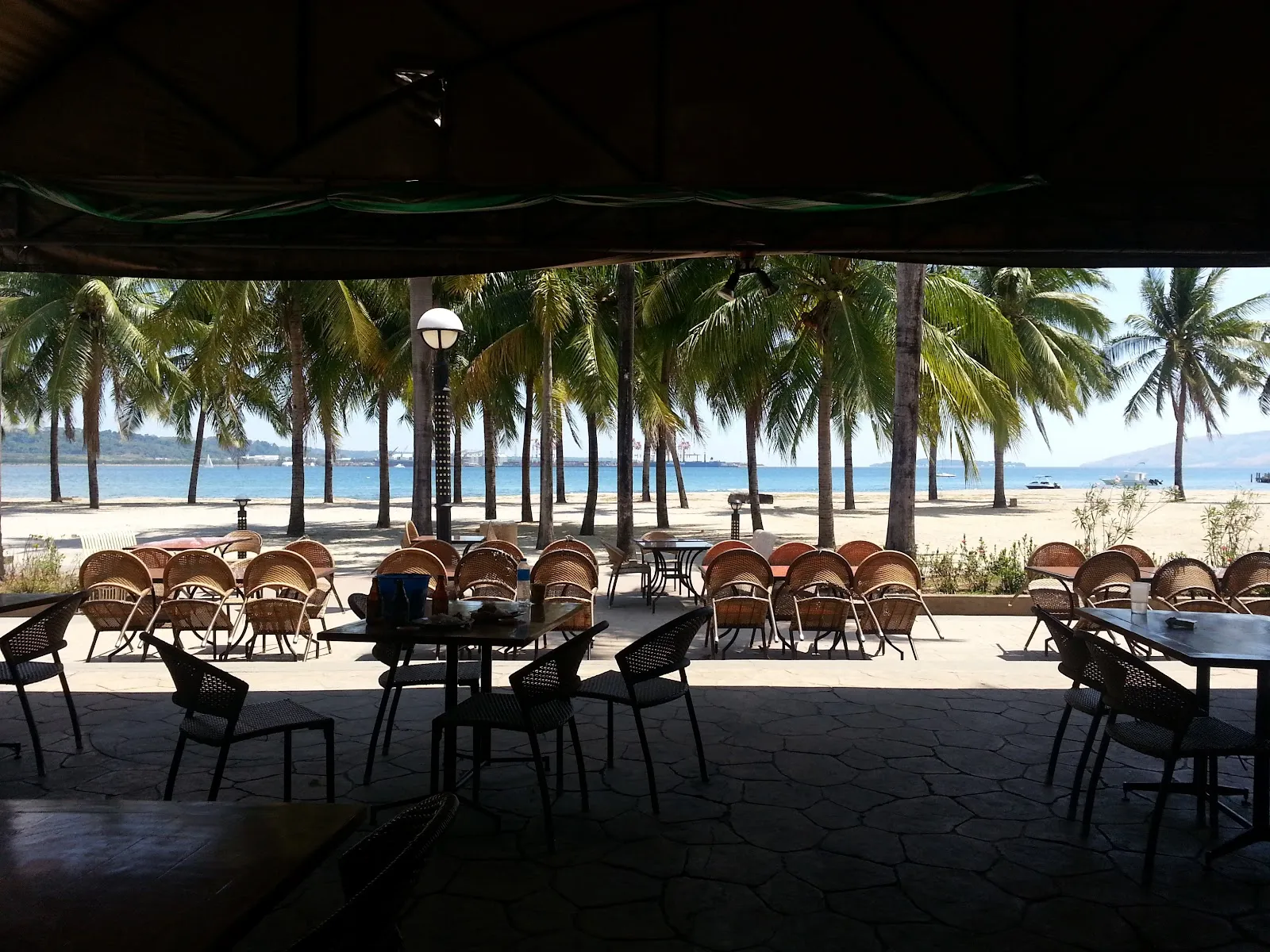 Outdoor seating facing the bay