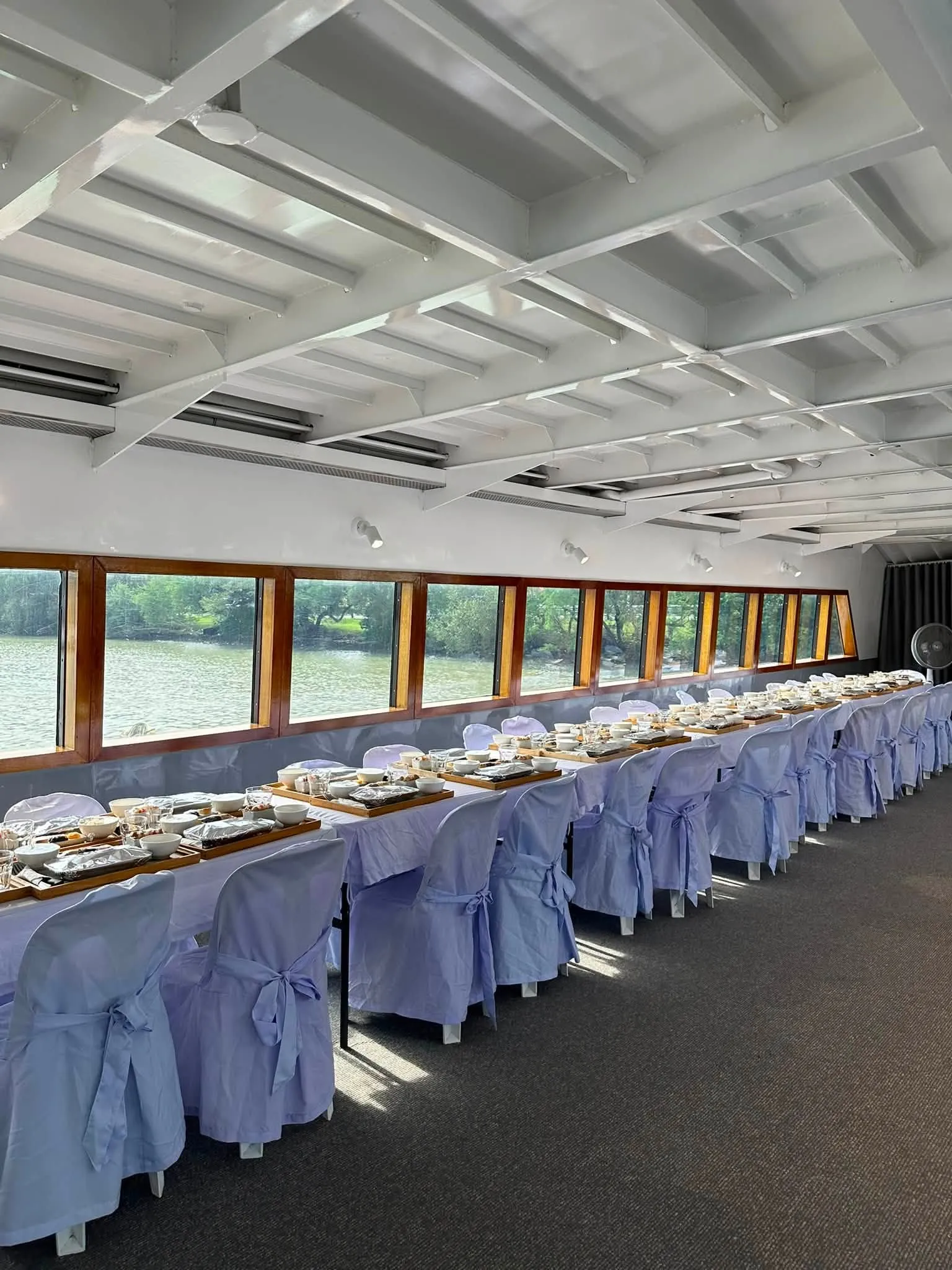 Covered dining deck with water views