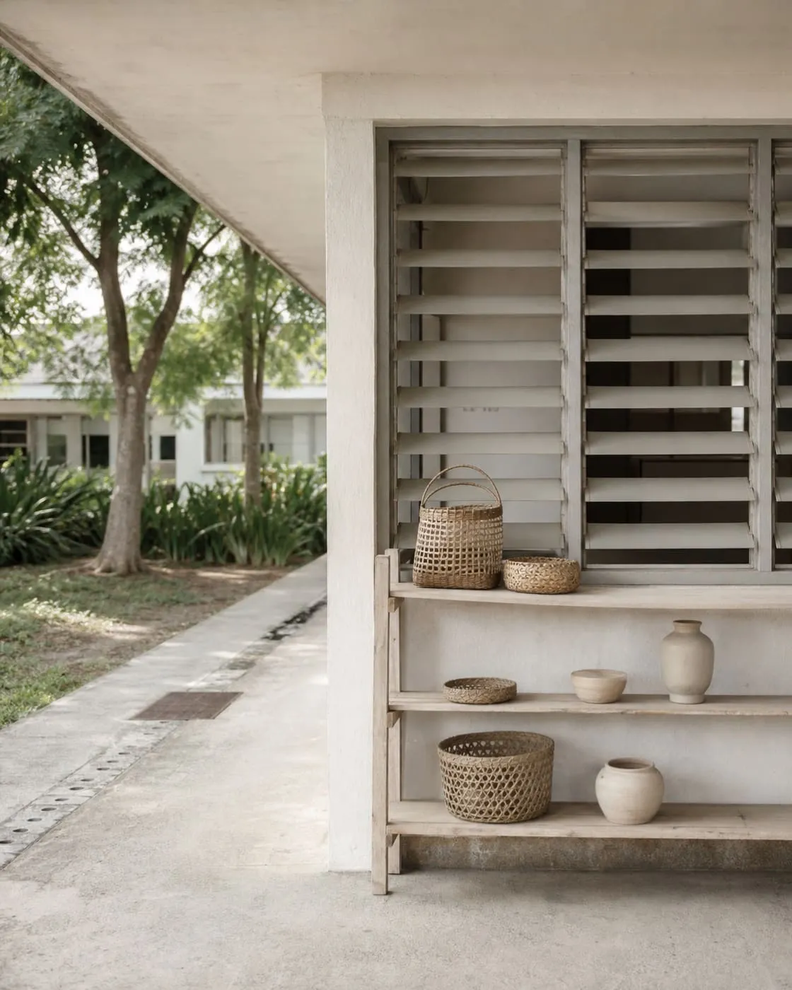 A small shopfront under a covered concrete walkway with handmade woven baskets and plain ceramic goods arranged on a pale wooden shelf, no people, no signage or text.