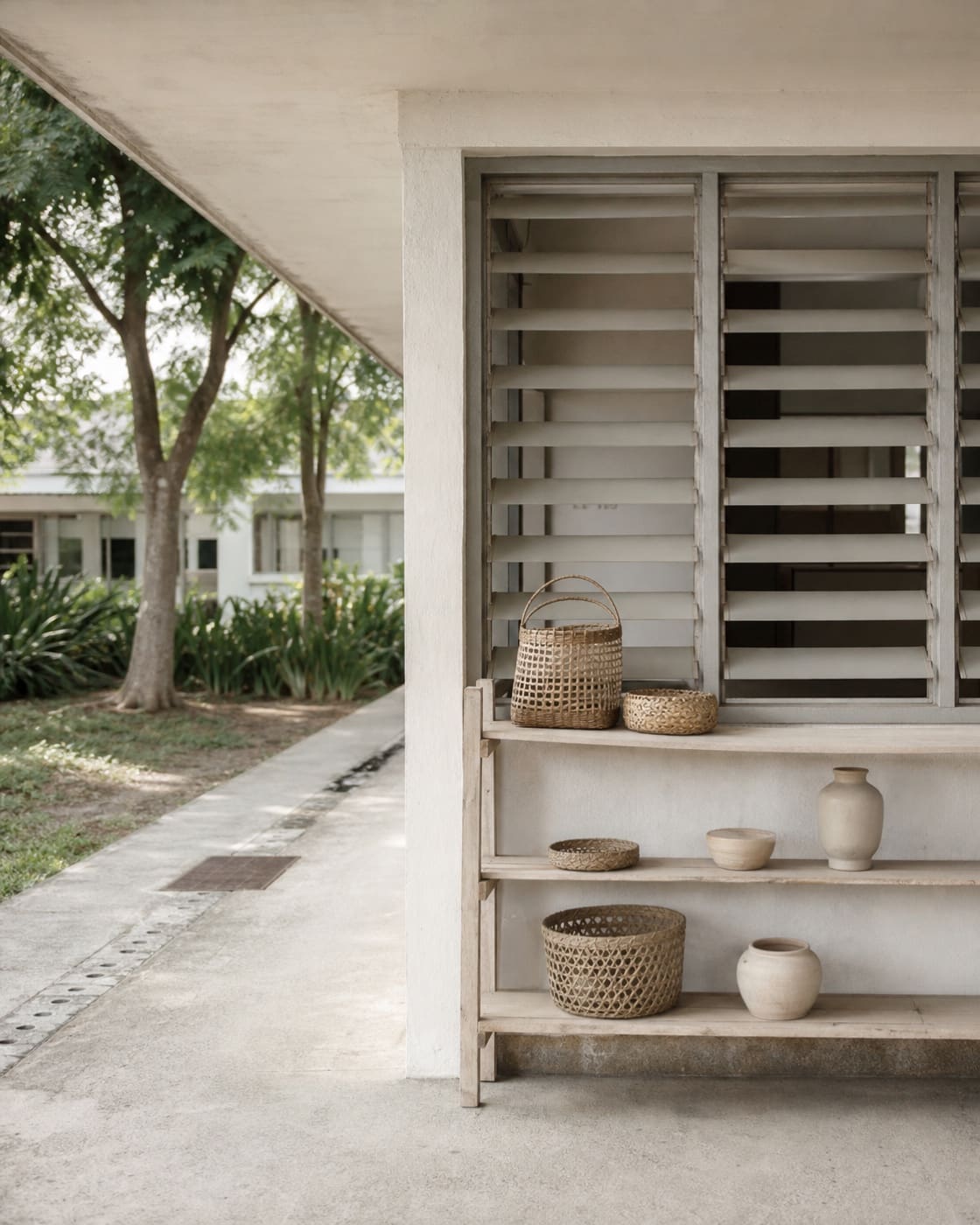 A small shopfront under a covered concrete walkway with handmade woven baskets and plain ceramic goods arranged on a pale wooden shelf, no people, no signage or text.